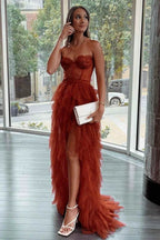 Saanvi | Elegant Rust Tiered Ruffles Tulle Prom Dress by KissProm
