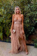 Saanvi | Elegant Rust Tiered Ruffles Tulle Prom Dress by KissProm