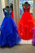 Brandi | A-line V-Neck Mirror-Cut Sequins Ruffle Layers Long Prom Dress by KissProm