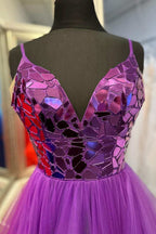 Brandi | A-line V-Neck Mirror-Cut Sequins Ruffle Layers Long Prom Dress