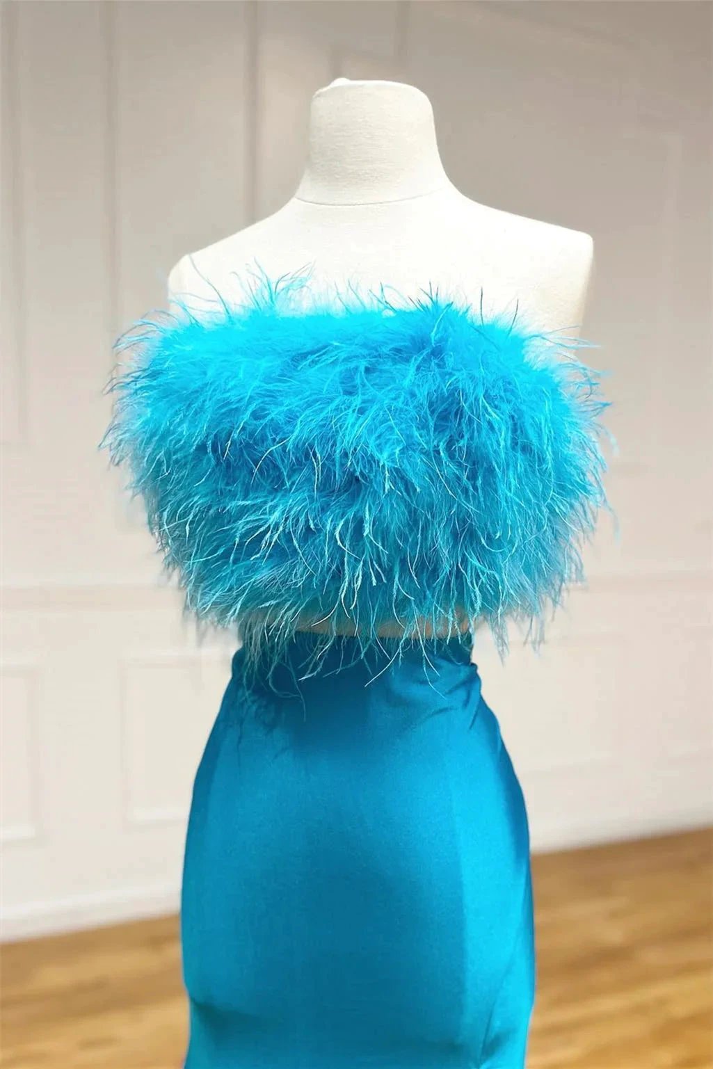 Vicki | Jade Two-Piece Feathers Strapless Satin Long Prom Dress with Slit by KissProm
