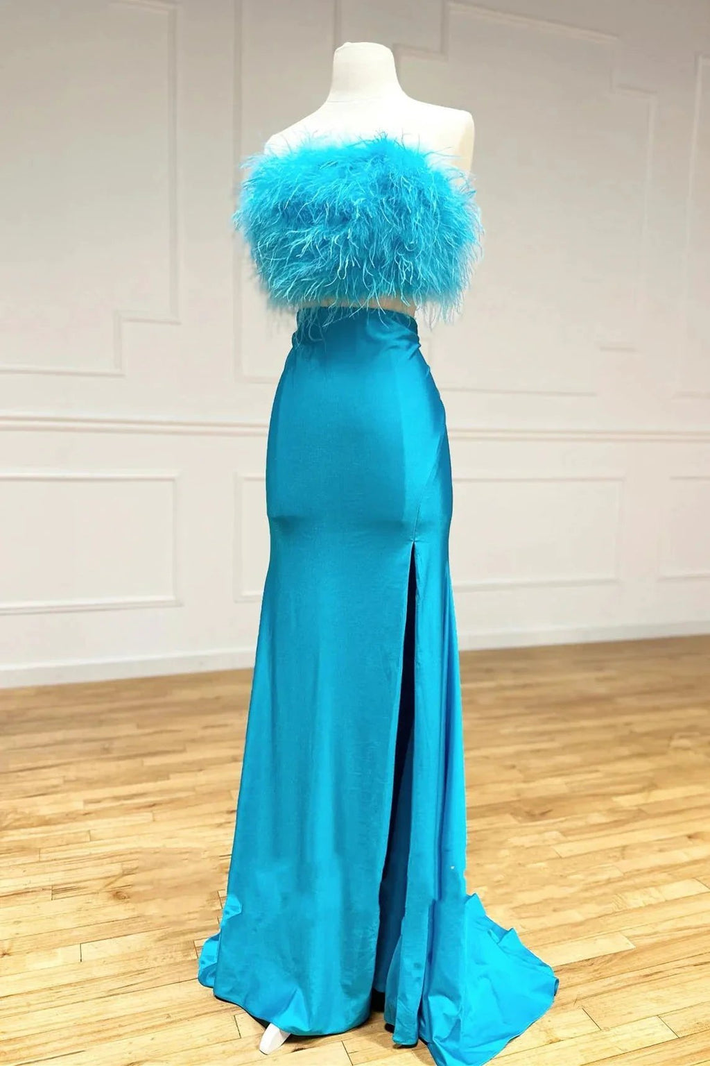 Vicki | Jade Two-Piece Feathers Strapless Satin Long Prom Dress with Slit by KissProm