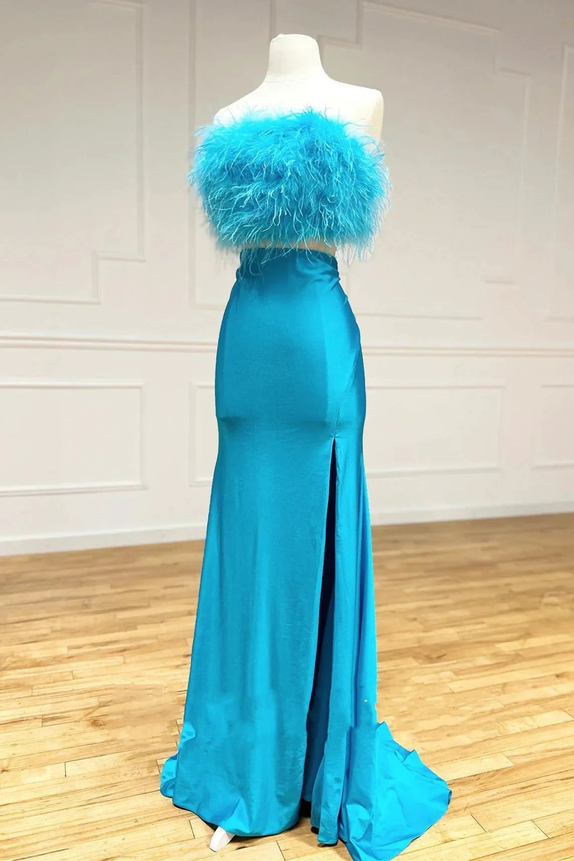 Vicki | Jade Two-Piece Feathers Strapless Satin Long Prom Dress with Slit by KissProm