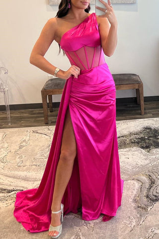 Valerie | Langes Ballkleid aus Satin mit One-Shoulder-Träger und Plissee