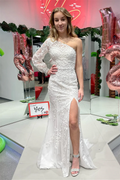 Katherine |Mermaid One Shoulder Long Sleeve Lace Prom Dress by KissProm