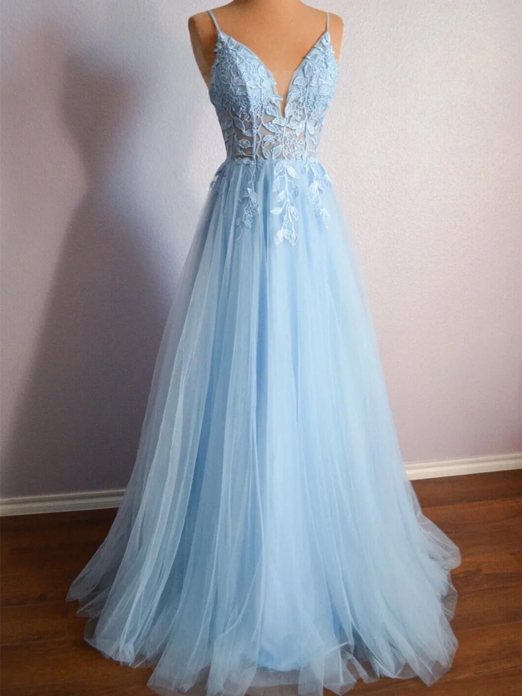 Cynthia | Light Blue V Neck Lace-Up Appliques Tulle Long Prom Dress by KissProm