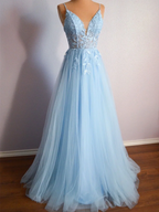 Cynthia | Light Blue V Neck Lace-Up Appliques Tulle Long Prom Dress by KissProm