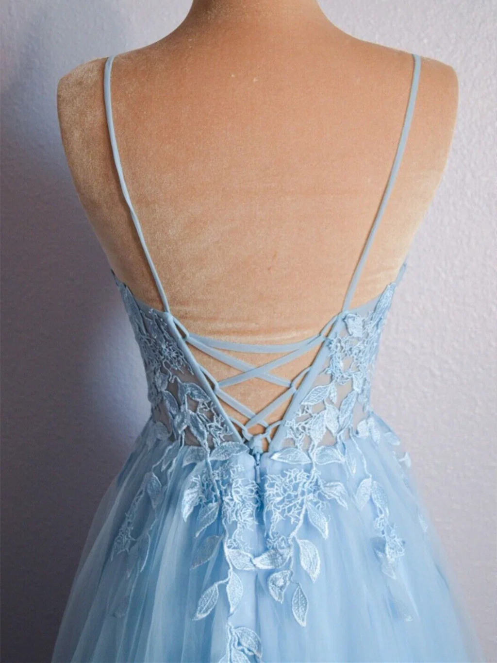 Cynthia | Light Blue V Neck Lace-Up Appliques Tulle Long Prom Dress by KissProm