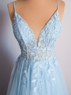 Cynthia | Light Blue V Neck Lace-Up Appliques Tulle Long Prom Dress by KissProm