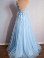 Cynthia | Light Blue V Neck Lace-Up Appliques Tulle Long Prom Dress by KissProm