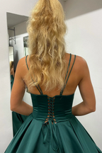 Nicole |A-line Hunter Green V-Neck Satin Long Prom Dress by KissProm