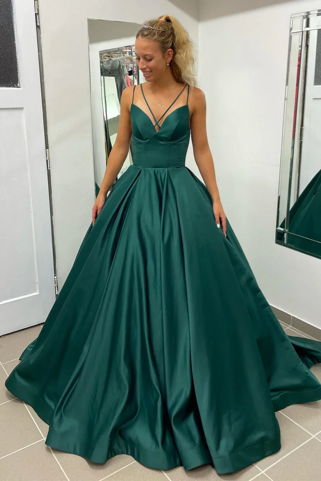 Nicole |A-line Hunter Green V-Neck Satin Long Prom Dress by KissProm
