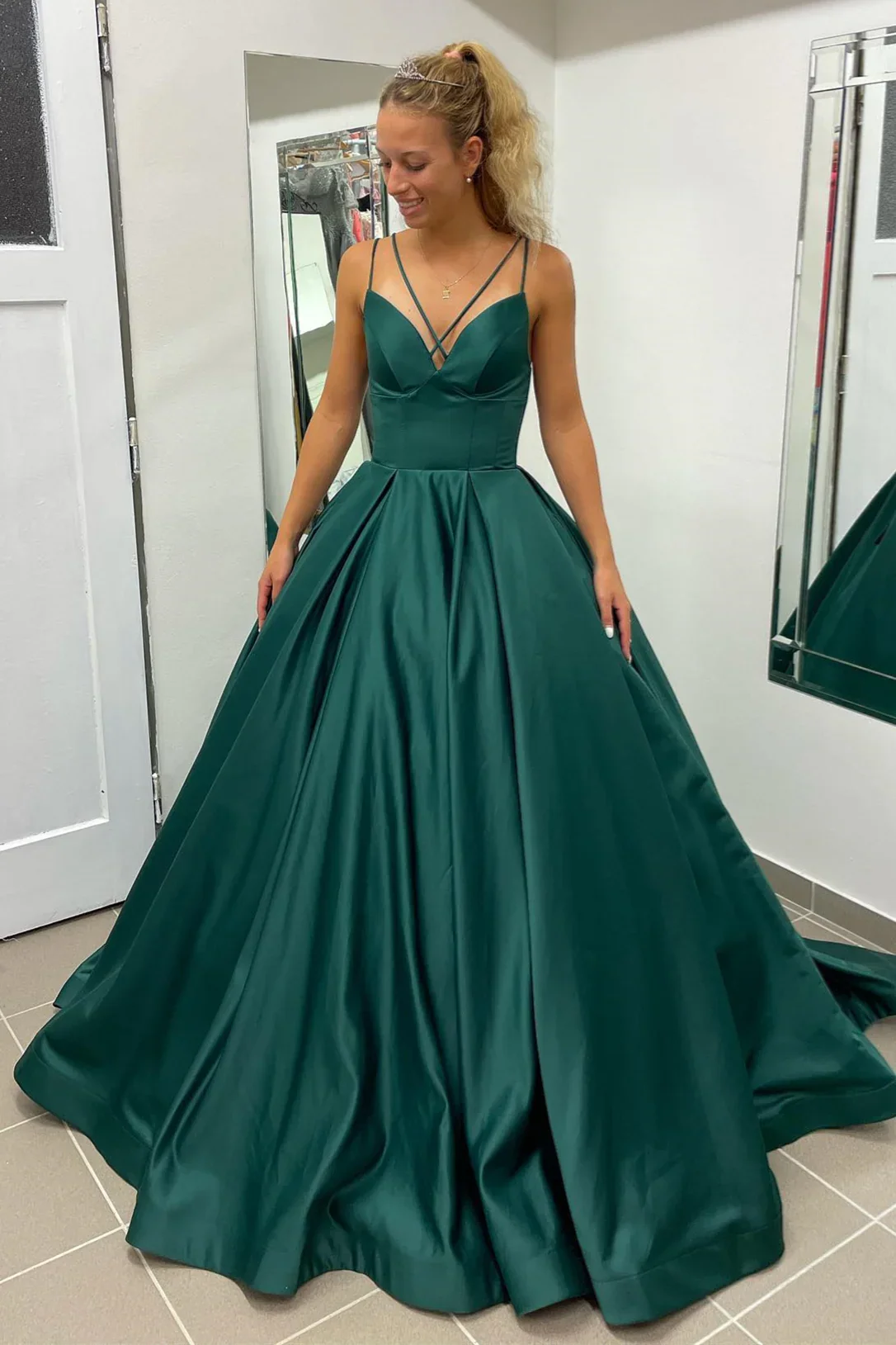 Nicole |A-line Hunter Green V-Neck Satin Long Prom Dress by KissProm