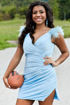 Sheath Pleated Jersey Homecoming Dress with Feathers by KissProm