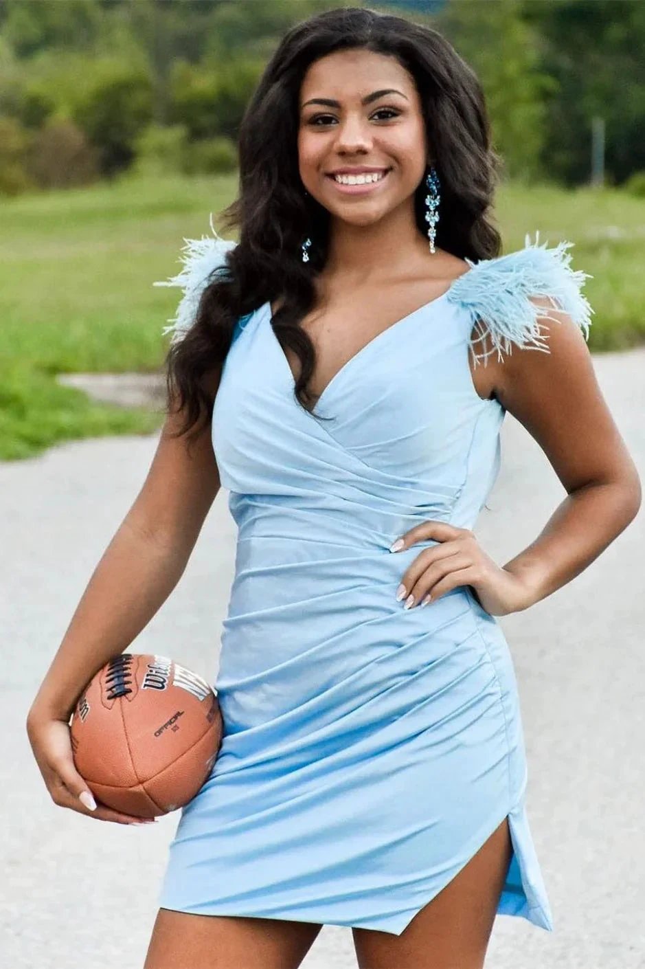 Sheath Pleated Jersey Homecoming Dress with Feathers by KissProm