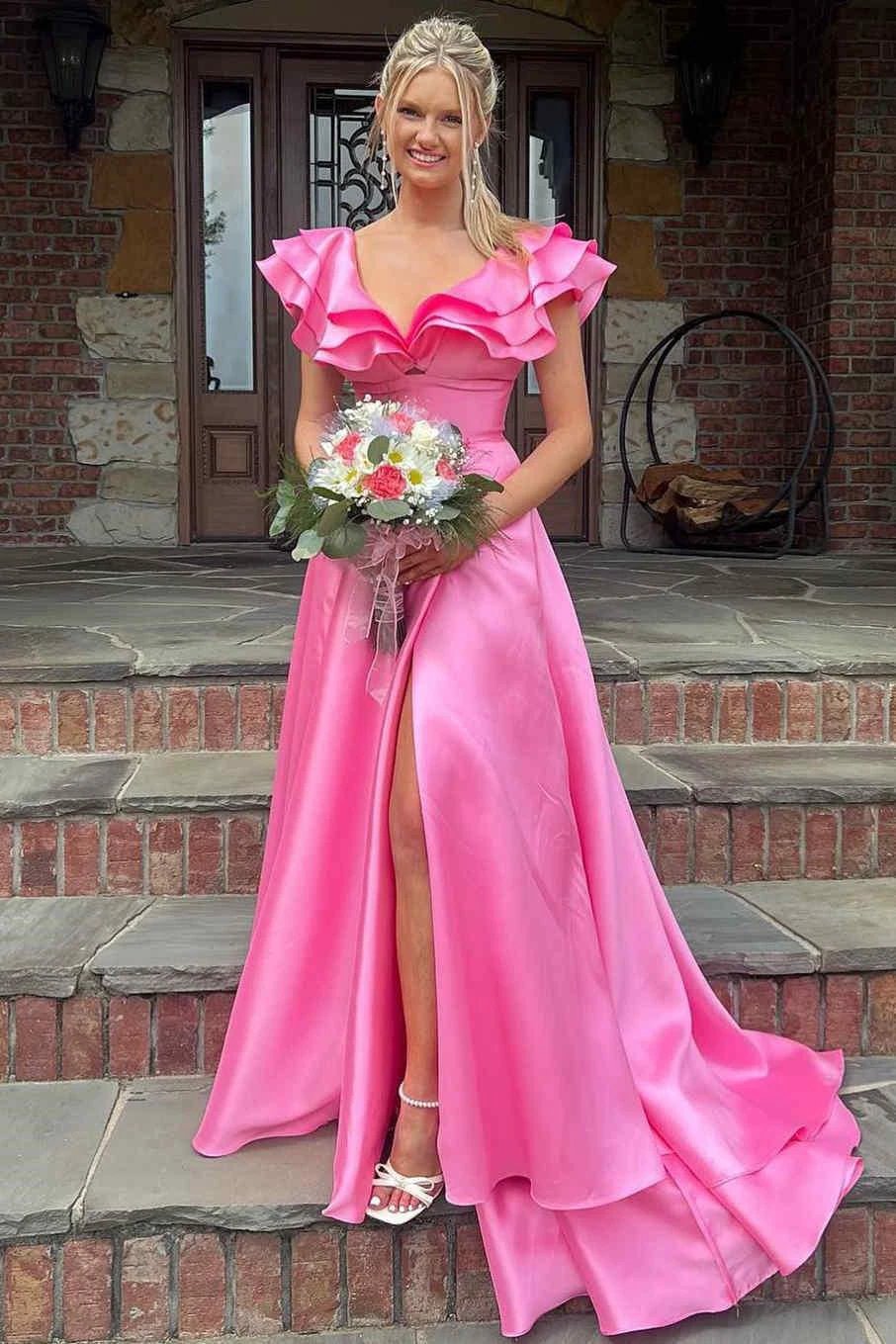 Betsy | Hot Pink V-Neck Ruffle A-Line Long Prom Dress by KissProm