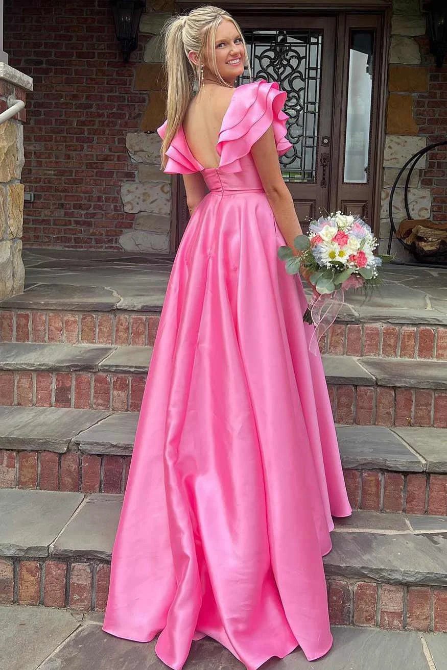 Betsy | Hot Pink V-Neck Ruffle A-Line Long Prom Dress by KissProm