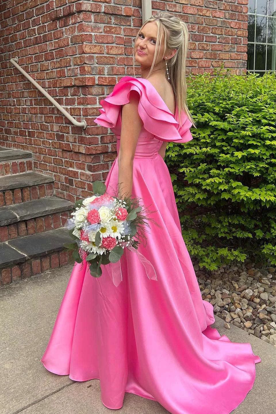 Betsy | Hot Pink V-Neck Ruffle A-Line Long Prom Dress by KissProm