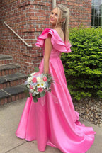 Betsy | Hot Pink V-Neck Ruffle A-Line Long Prom Dress by KissProm