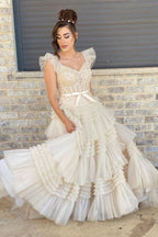 Whitney | V-Neck Ivory Appliques Tiered Tulle Prom Dress with Flying Sleeves by KissProm