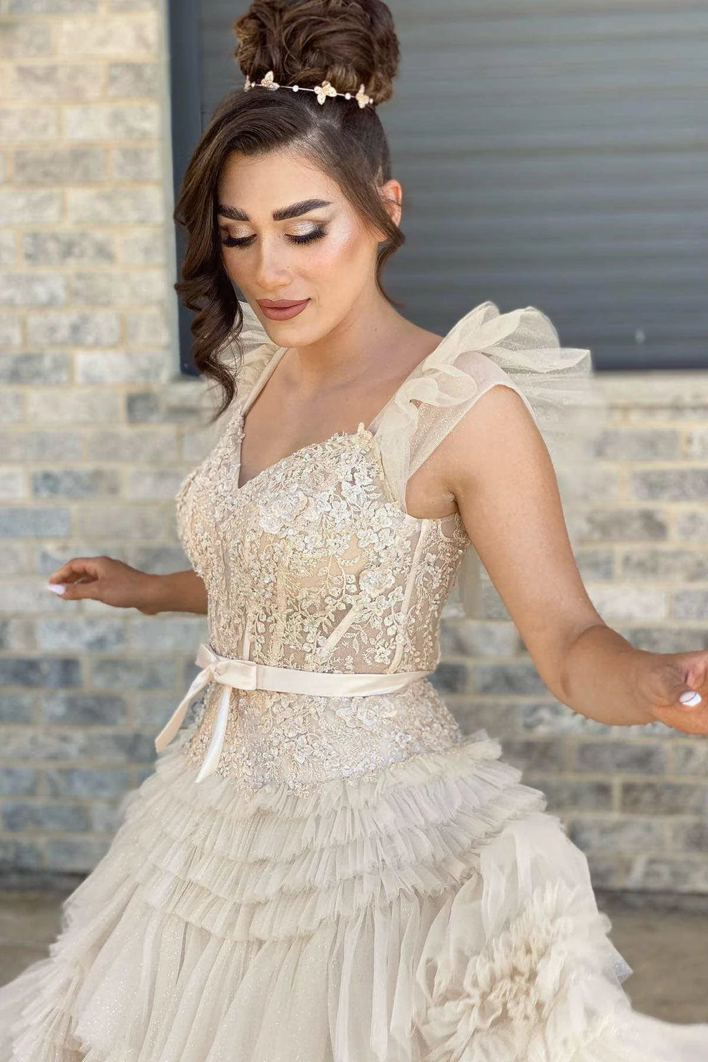 Whitney | V-Neck Ivory Appliques Tiered Tulle Prom Dress with Flying Sleeves by KissProm