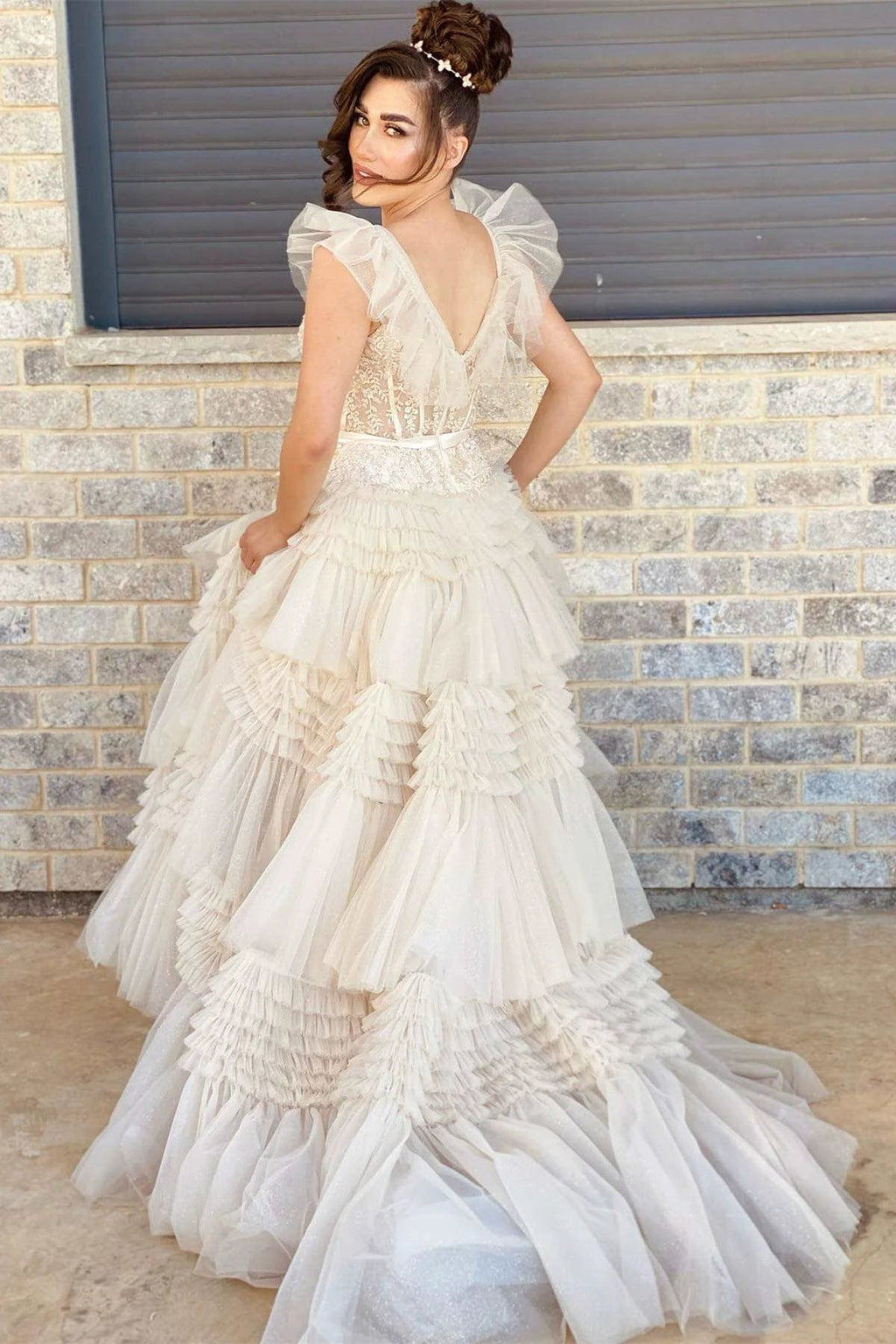 Whitney | V-Neck Ivory Appliques Tiered Tulle Prom Dress with Flying Sleeves by KissProm