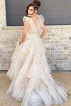 Whitney | V-Neck Ivory Appliques Tiered Tulle Prom Dress with Flying Sleeves by KissProm