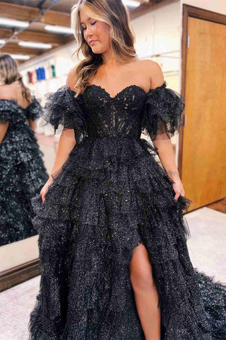 Ariya | A-Linien-Ballkleid aus schulterfreiem Glitzertüll mit Schlitz