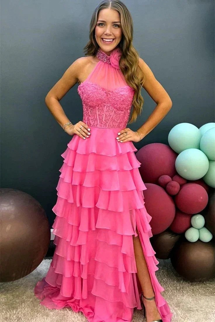 Emerie |A line High Neck Tiered Chiffon Prom Dress with 3D Flower by KissProm