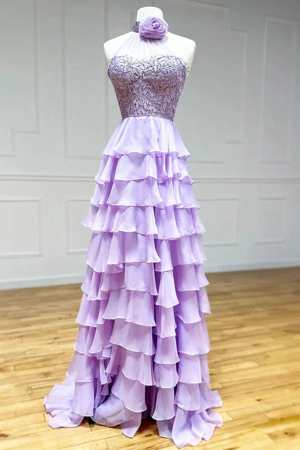 Emerie |A line High Neck Tiered Chiffon Prom Dress with 3D Flower by KissProm