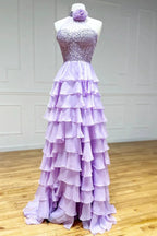 Emerie |A line High Neck Tiered Chiffon Prom Dress with 3D Flower by KissProm