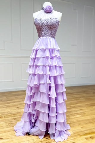 Emerie | A-Linien-Ballkleid aus Chiffon mit hohem Ausschnitt und Stufen und 3D-Blume