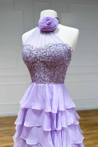 Emerie | A-Linien-Ballkleid aus Chiffon mit hohem Ausschnitt und Stufen und 3D-Blume