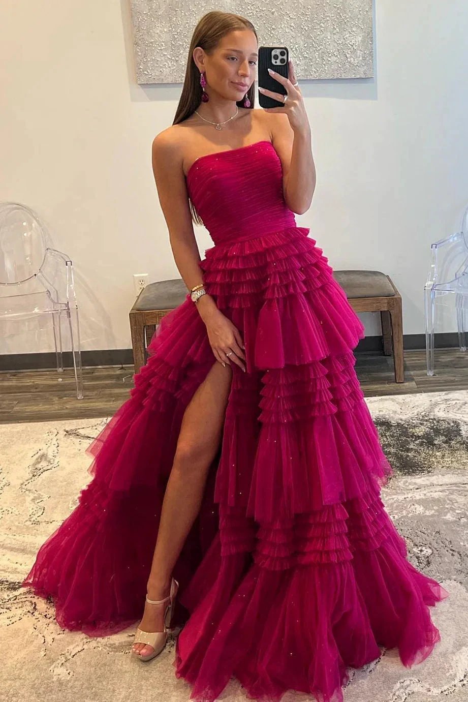 Daniela |A-Line Strapless Tulle Long Prom Dress with Tiered Ruffles by KissProm
