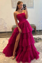 Daniela |A-Line Strapless Tulle Long Prom Dress with Tiered Ruffles by KissProm