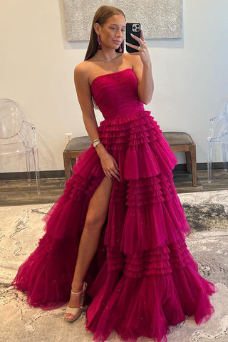 Daniela | Vestido de fiesta largo de tul sin tirantes, corte A y volantes escalonados