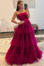 Daniela |A-Line Strapless Tulle Long Prom Dress with Tiered Ruffles by KissProm
