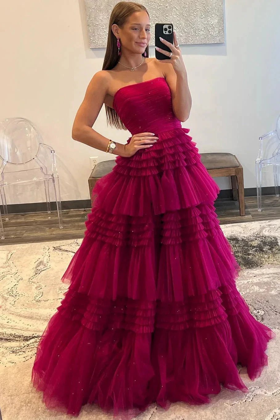 Daniela |A-Line Strapless Tulle Long Prom Dress with Tiered Ruffles by KissProm