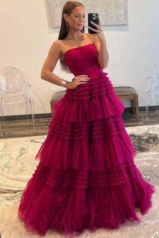 Daniela | Vestido de fiesta largo de tul sin tirantes, corte A y volantes escalonados