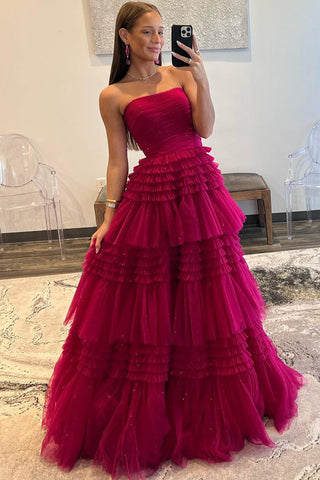 Daniela | Vestido de fiesta largo de tul sin tirantes, corte A y volantes escalonados