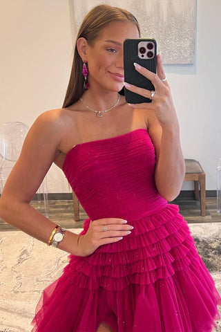 Daniela | Vestido de fiesta largo de tul sin tirantes, corte A y volantes escalonados