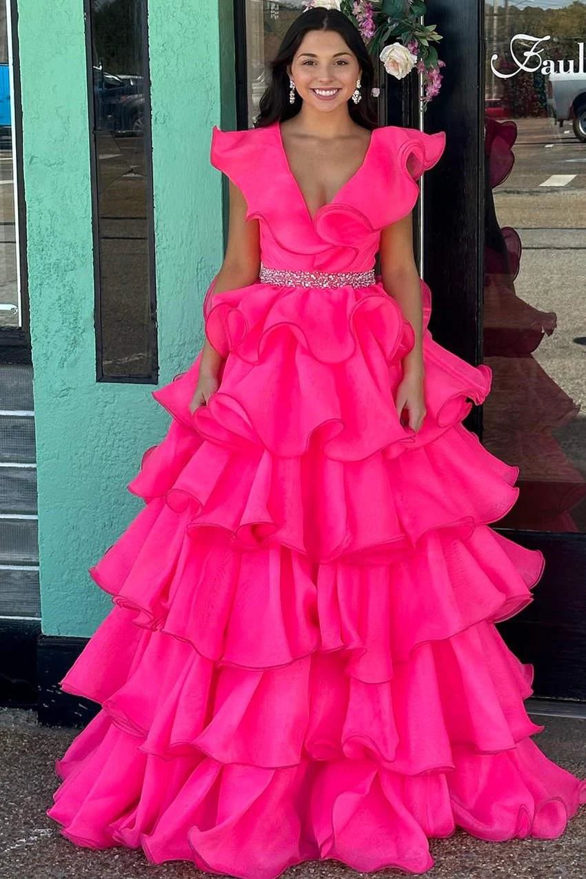 Zoey | Hot Pink V-Neck Ruffle Tiered Long Prom Dress with Beaded Waist by KissProm