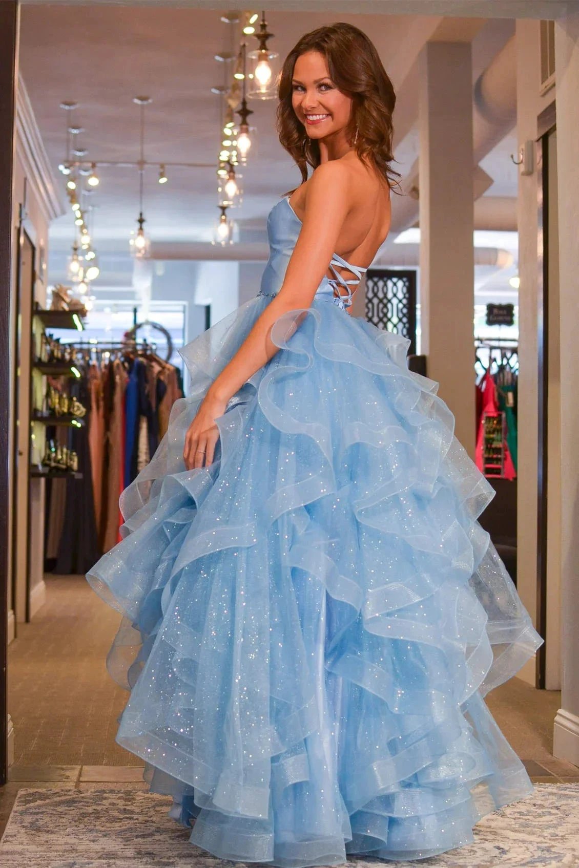 Lylah |Princess Strapless Satin Glitter Tulle Prom Dress by KissProm