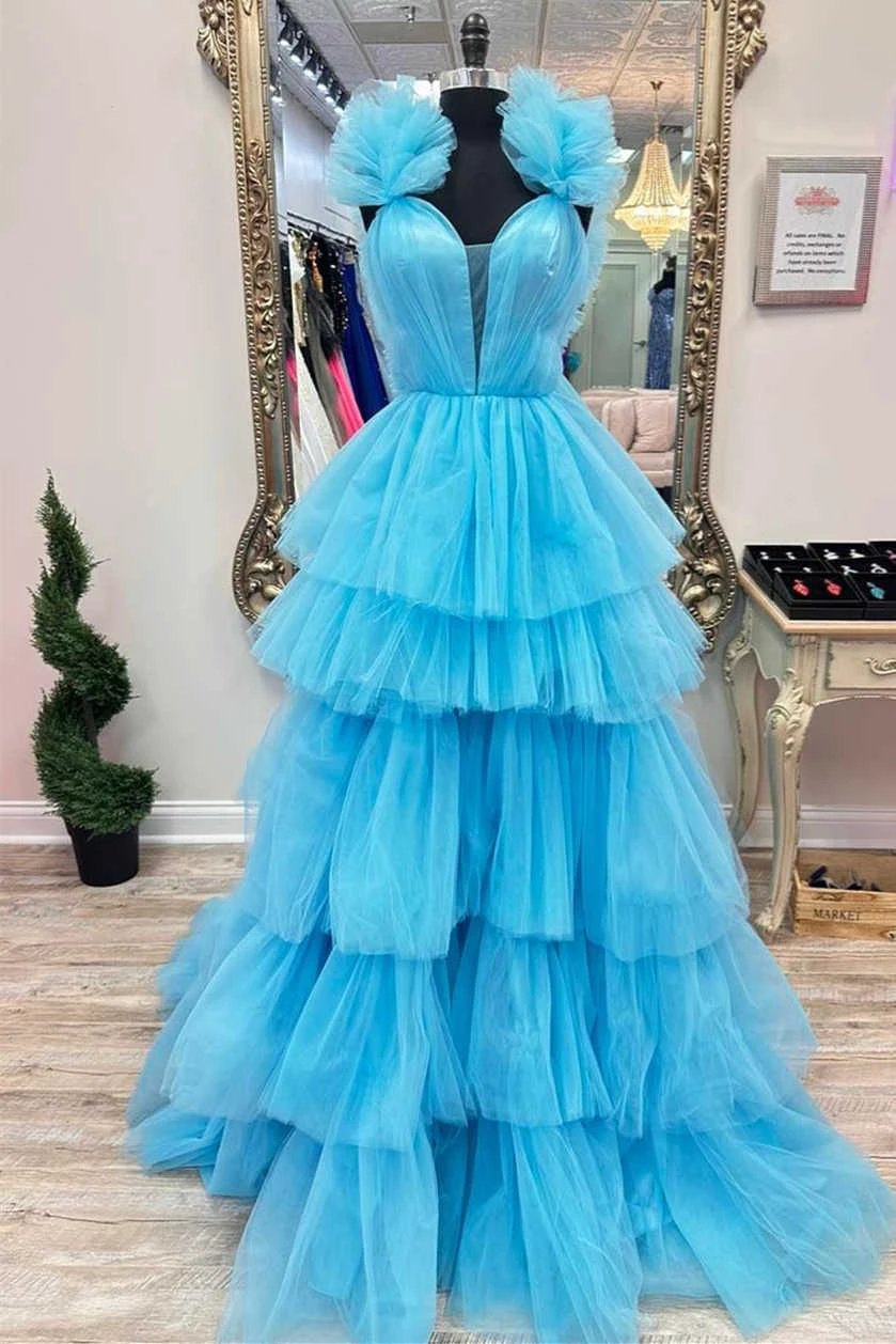 Bernice | Light Blue Ruffle Straps A-Line Tiered Prom Dress by KissProm