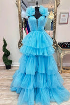 Bernice | Light Blue Ruffle Straps A-Line Tiered Prom Dress by KissProm