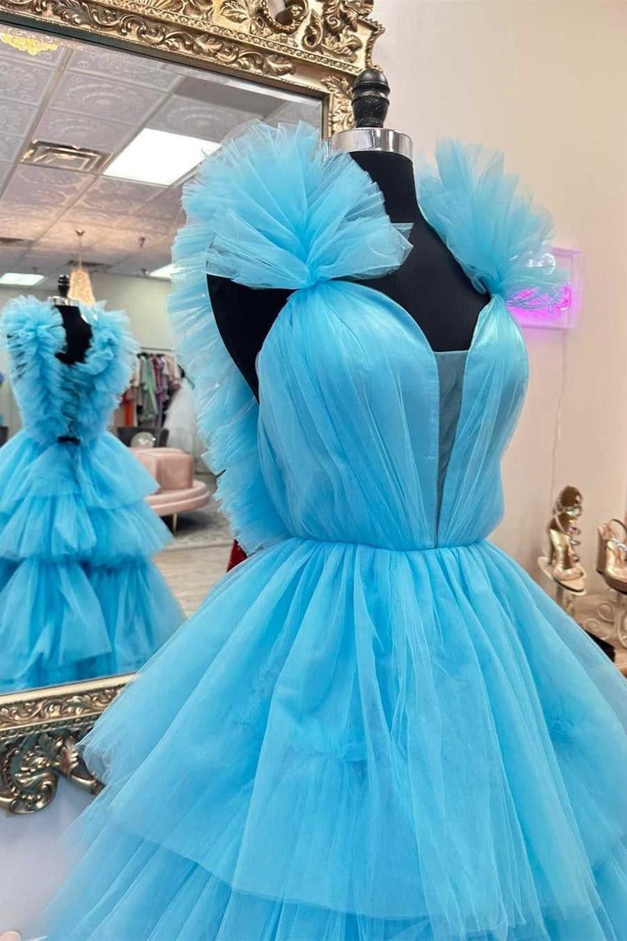 Bernice | Light Blue Ruffle Straps A-Line Tiered Prom Dress by KissProm