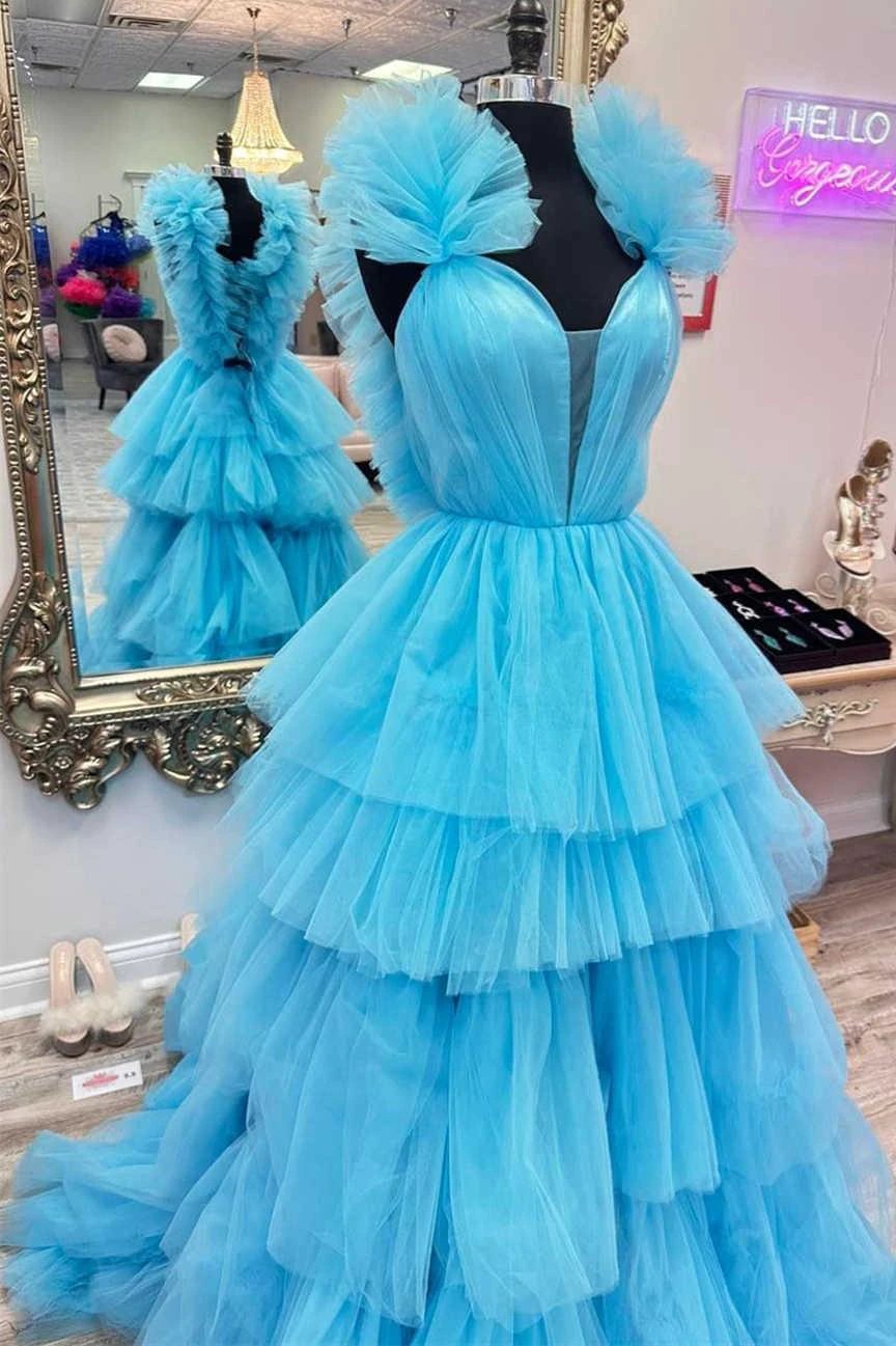 Bernice | Light Blue Ruffle Straps A-Line Tiered Prom Dress by KissProm