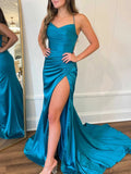 Xyla | Straps Teal V-Neck Ruched Long Prom Dress by KissProm