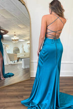 Xyla | Straps Teal V-Neck Ruched Long Prom Dress by KissProm