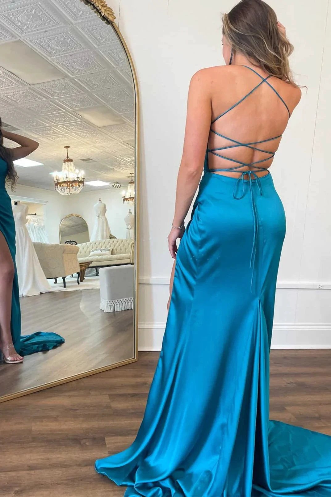 Xyla | Straps Teal V-Neck Ruched Long Prom Dress by KissProm